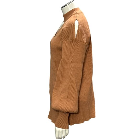 CCC Brown Cutout Sweater Ribbed Knit Gigi Neckline Bishop Sleeves Size Extra LG - Picture 2 of 8